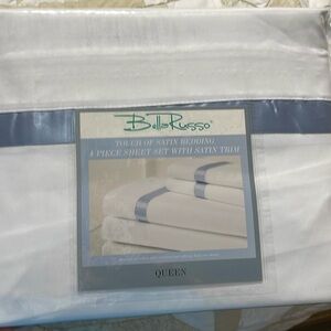 Bella Russo Bed Sheets White with blue satin trim Queen